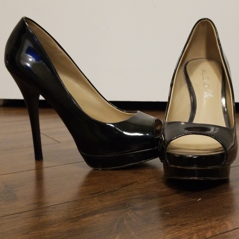 Black patent platform heels